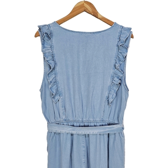 NWT Hayden Blue Tencel Buttoned Ruffle Tank Frayed Wide Leg Belted Jumpsuit - Picture 12 of 15